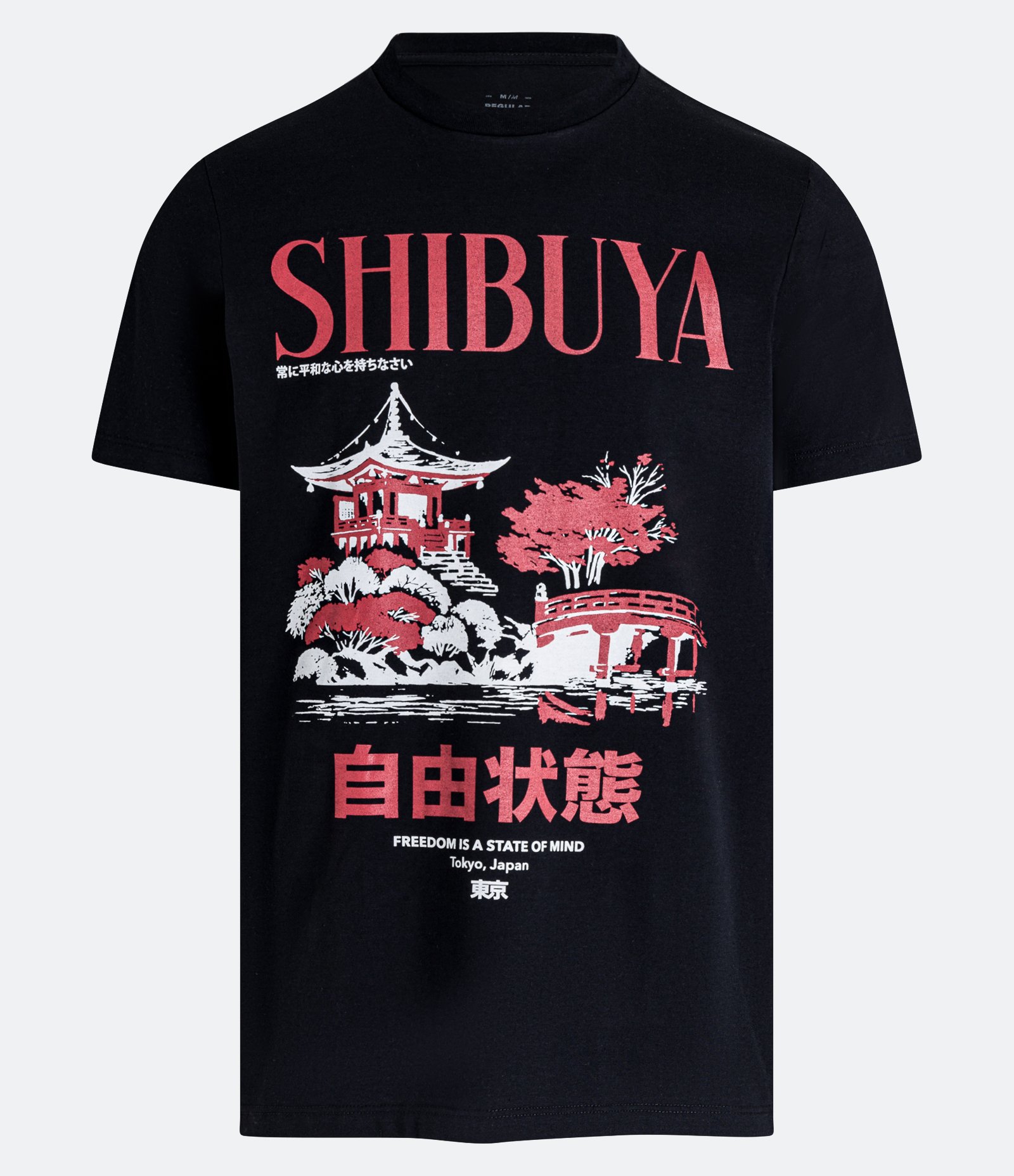 Camiseta Regular com Estampa de Templo Oriental Shibuya e Ideograma Preto 5