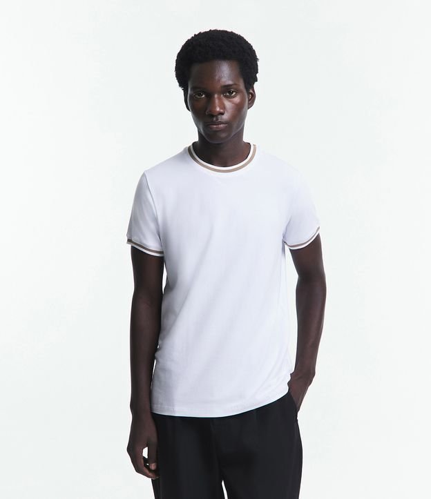 Camiseta Muscle em Algodão com Detalhes em Ribana Branco/ Bege 1