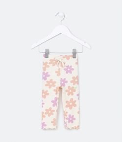 Calça Legging Infantil Canelada com Estampa Floral e Frufru na Barra - Tam 0 a 18 meses