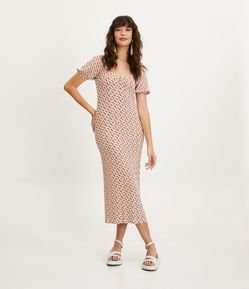 Vestido Midi em Ribana Floral com Decote Franzido