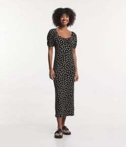Vestido Midi em Ribana Floral com Decote Franzido