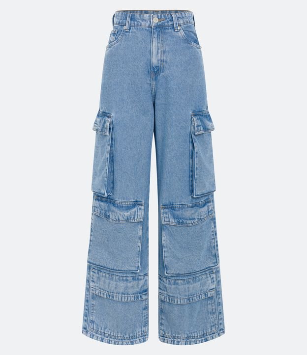 Calça Wide Leg Cintura Alta em Jeans com Bolsos Cargo Azul 6