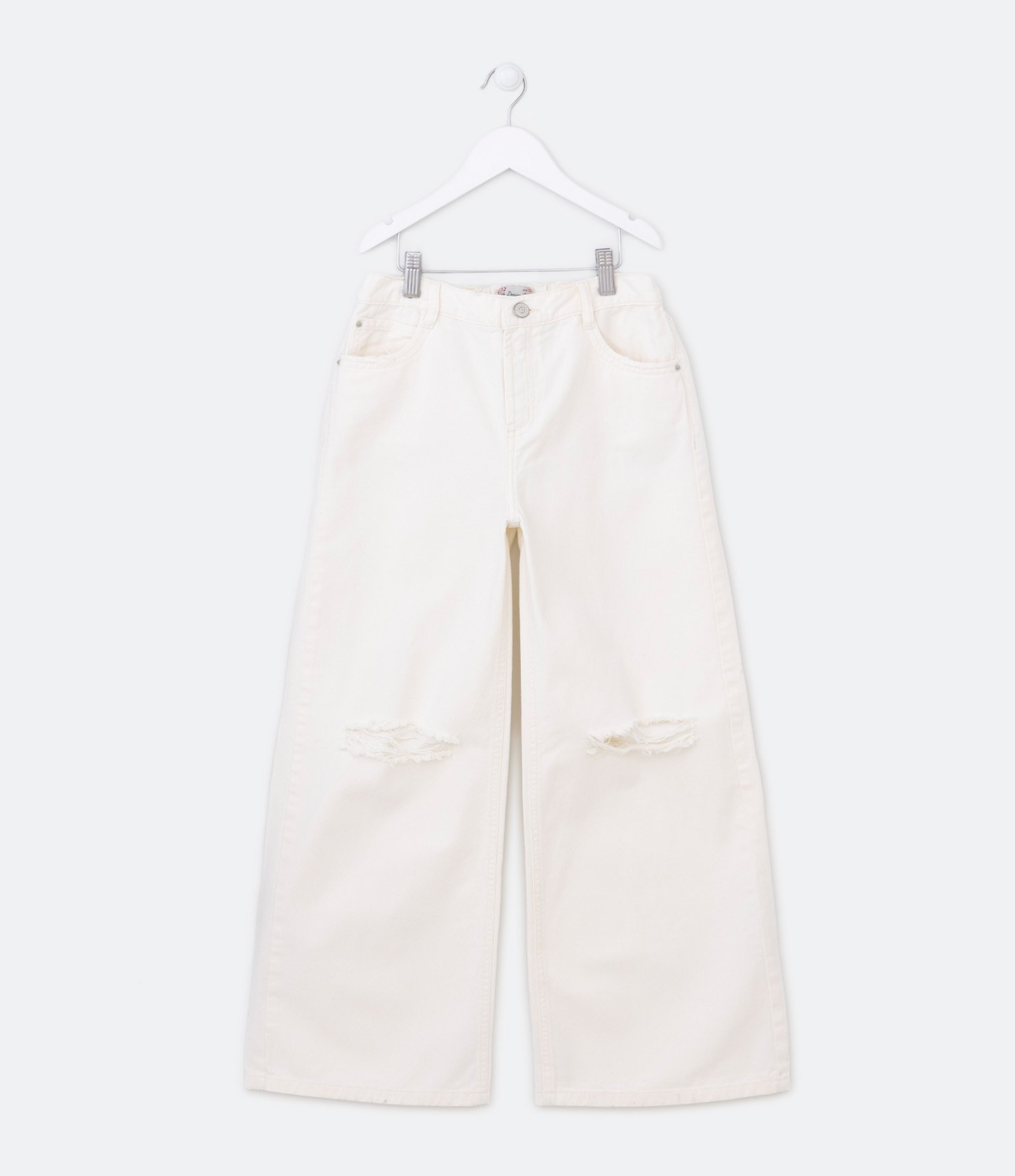 Calça Wide Leg Infantil em Sarja com Rasgos nos Joelhos - Tam 5 a 14 Anos Off White 1