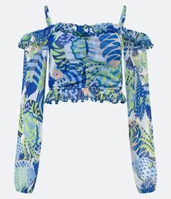 Blusa Cropped em Tule com Babadinhos e Estampa Abstrata