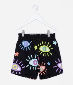 Short Clochard Infantil em Meia Malha com Estampa de Olhos - Tam 5 a 14 anos