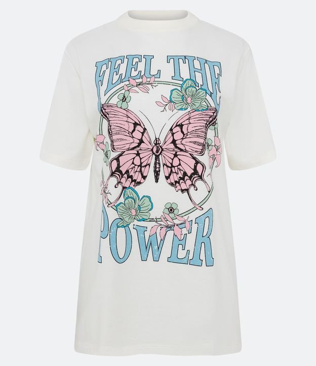 Camiseta em Meia Malha com Estampa de Borboleta e Lettering Feel the Power Branco 6