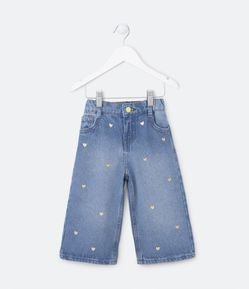 Calça Wide Leg Infantil em Jeans com Coraçõezinhos de Glitter - Tam 1 a 5 Anos