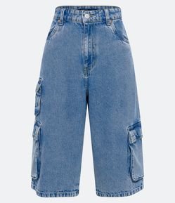 Bermuda Jeans Cintura Alta com Bolso Cargo