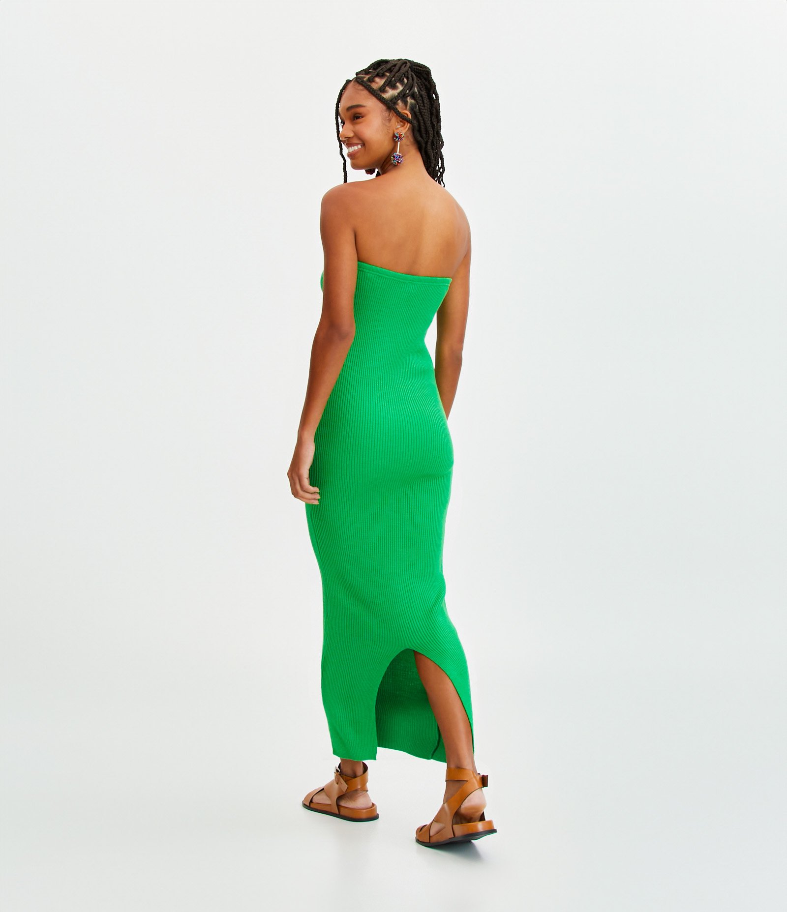 Vestido New Midi em Tricô Tomara que Caia e Fenda Verde 3