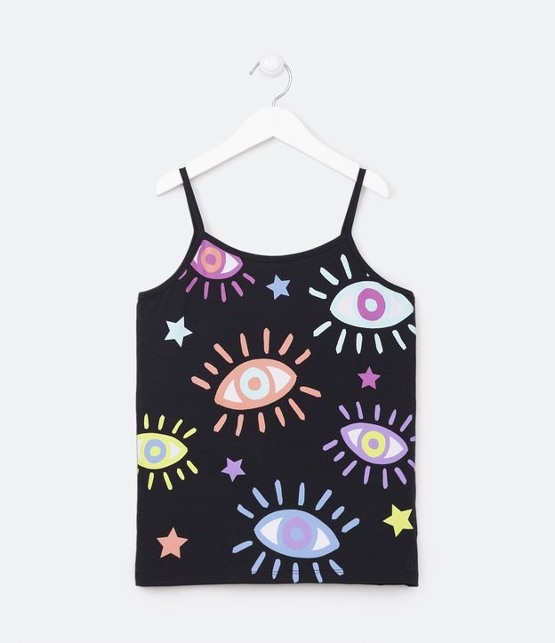 Blusa de Alça Infantil com Estampa de Olhos e Estrelinhas - Tam 5 a 14 Anos