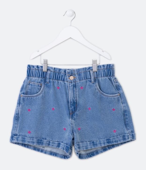 Short Clochard Infantil em Jeans com Corações Bordados - Tam 5 a 14 Anos Azul 1
