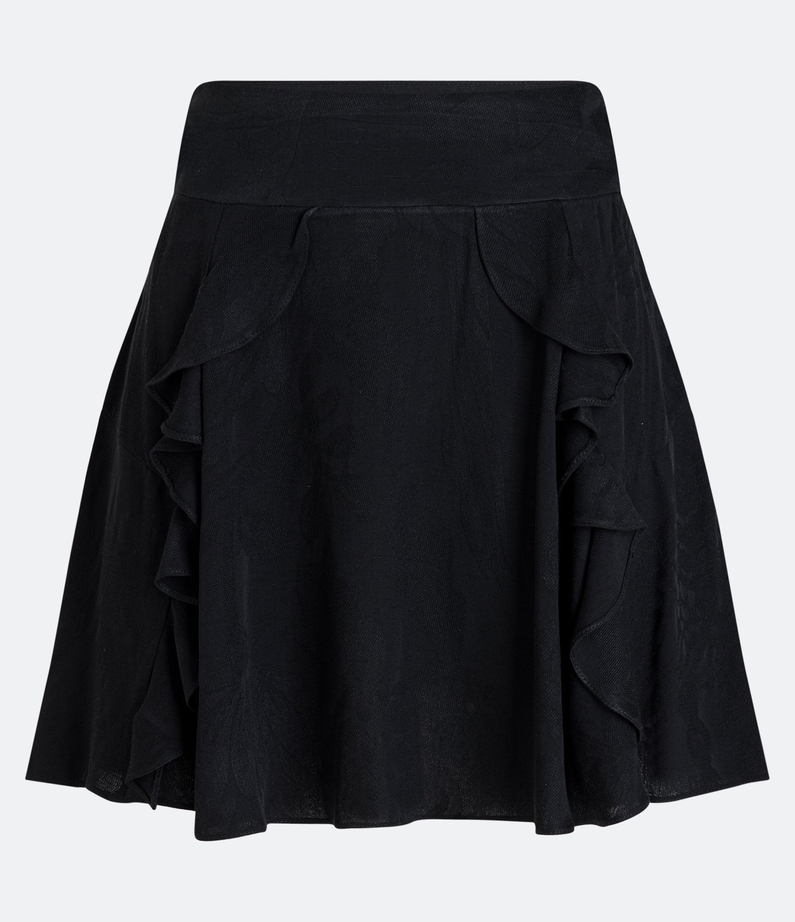 Saia Curta em Viscose com Textura Jacquard e Babados Preto 1