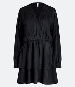 Vestidinho Manga Longa em Viscose com Amarração e Textura Jaquard