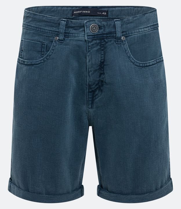 Bermuda Slim Jeans com Textura e Barra Dobrada Azul Petróleo 5