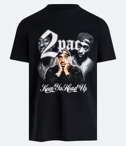Camiseta Regular em Meia Malha com Estampa do Rapper Tupac