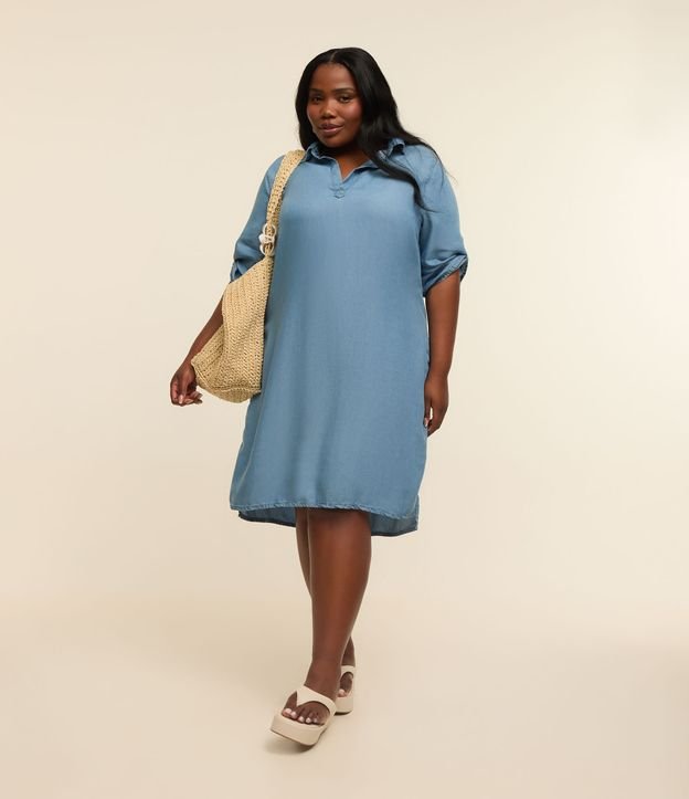 Vestido Chemise Jeans com Gola Lapela e Bolsos Laterais Curve & Plus Size