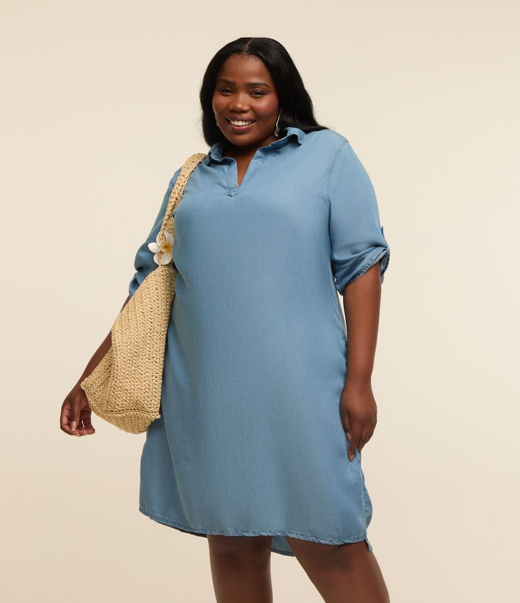 Vestido Chemise Jeans com Bolsos Curve Plus Size Azul