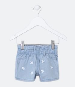 Short Infantil em Jeans com Bordado de Margaridinhas - Tam 03 a 18 meses
