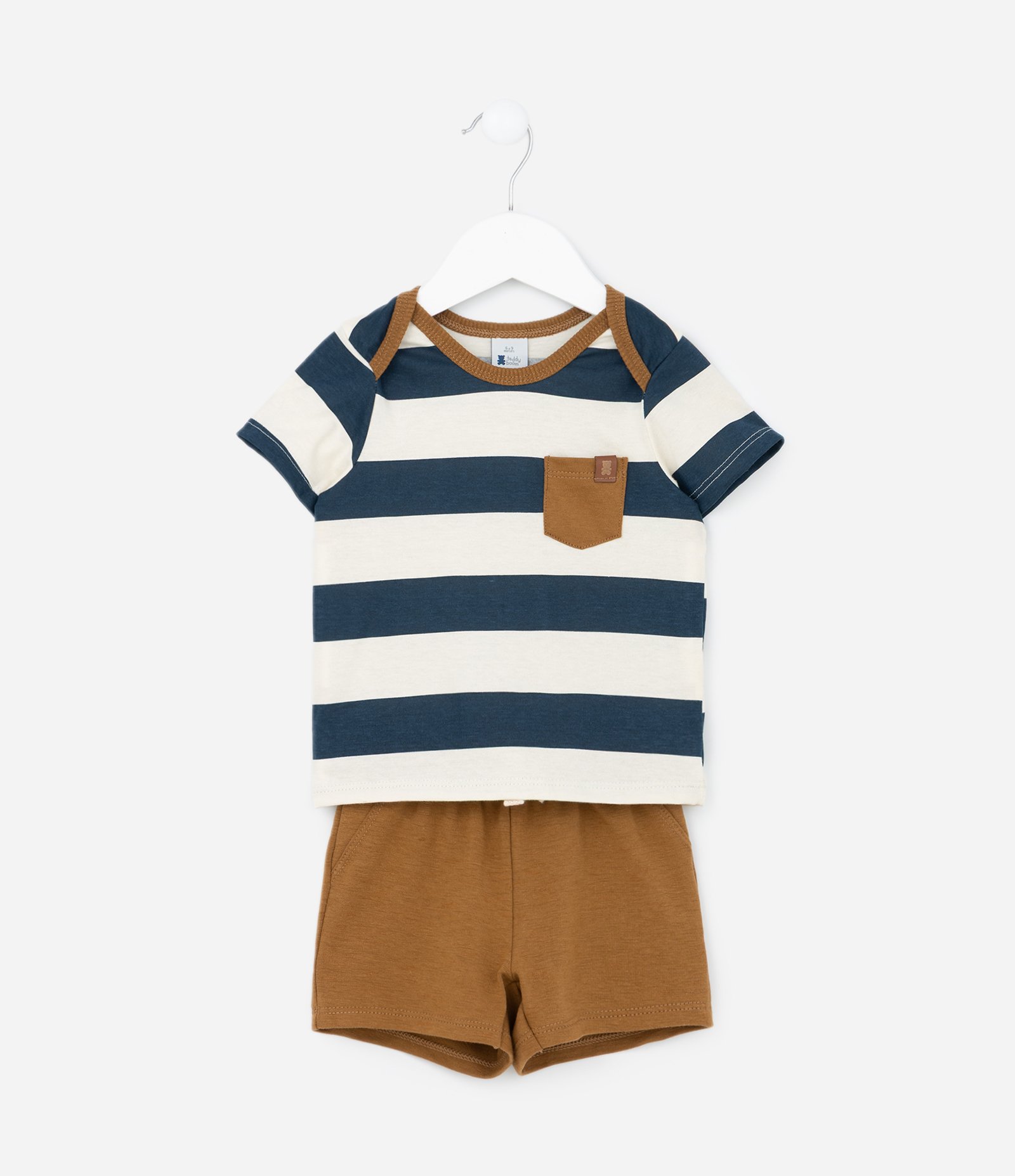Conjunto Infantil com Estampa Listrada e Bolsinho Contrastante - Tam 0 a 18 meses Azul/Branco/Marrom 1
