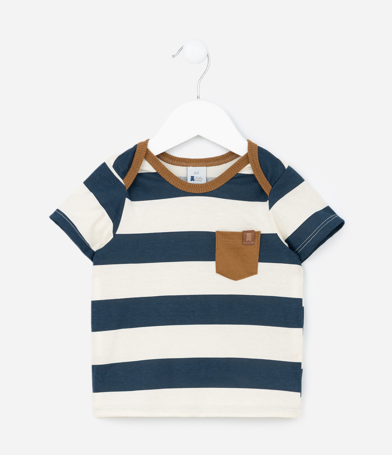 Conjunto Infantil com Estampa Listrada e Bolsinho Contrastante - Tam 0 a 18 meses Azul/Branco/Marrom 2