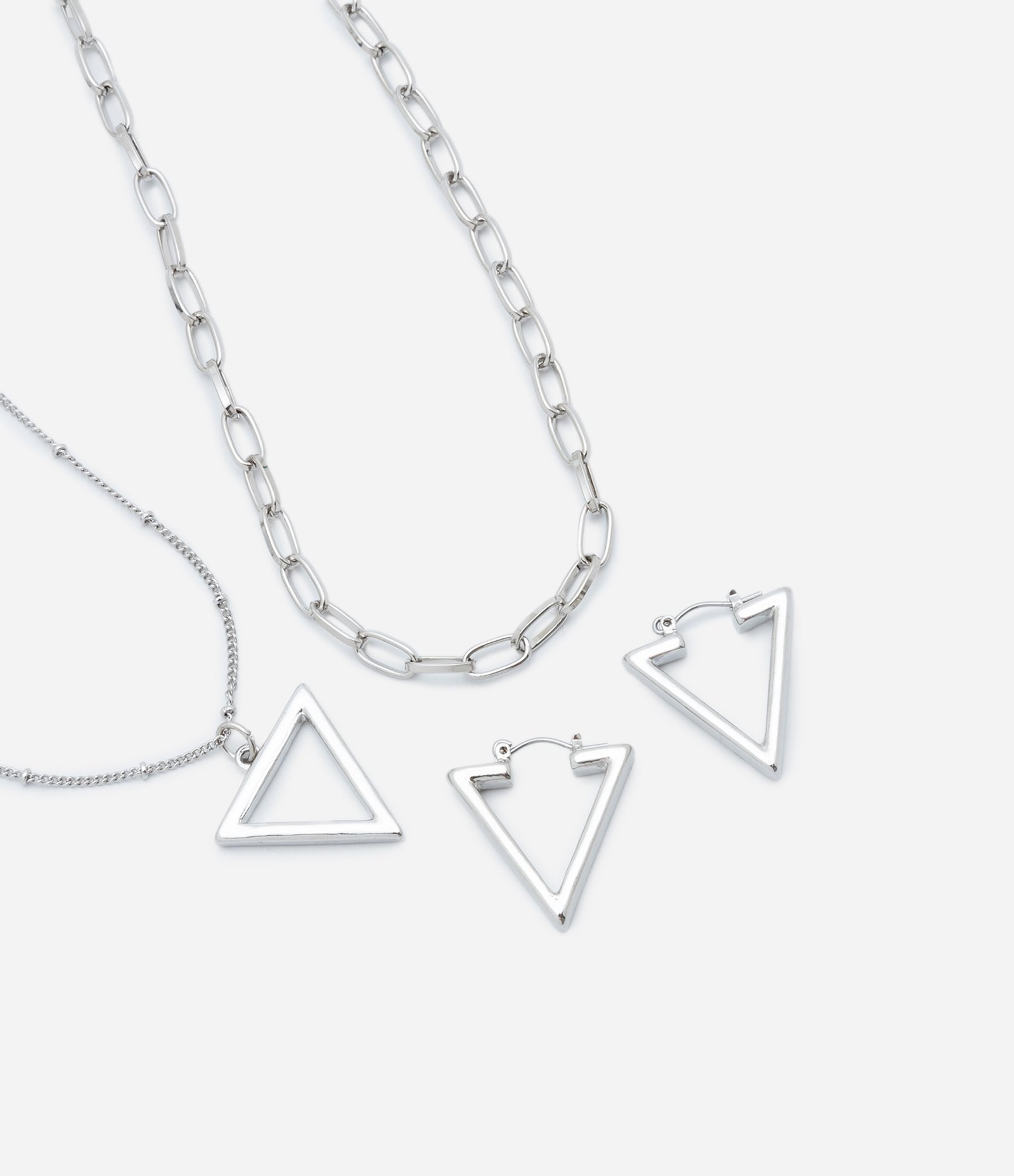 Conjunto de Colar Camadas e Brinco Triangular Prata 2