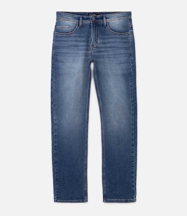 Calça Reta Jeans com Elastano e Pesponto Contrastante Azul Médio 5