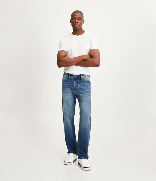 Calça Reta Jeans com Elastano e Pesponto Contrastante Azul Médio 1