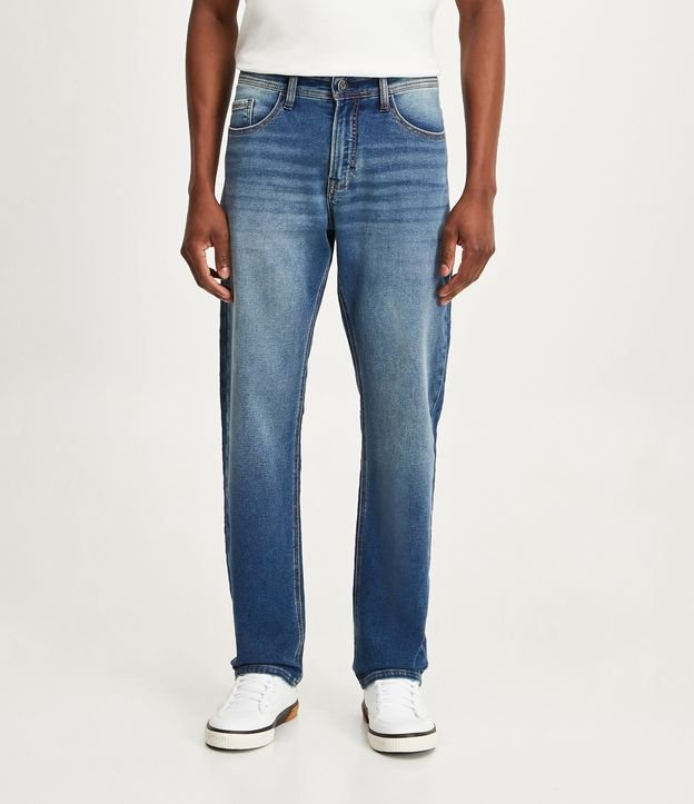 Calça Reta Jeans com Elastano e Pesponto Contrastante Azul Médio 2