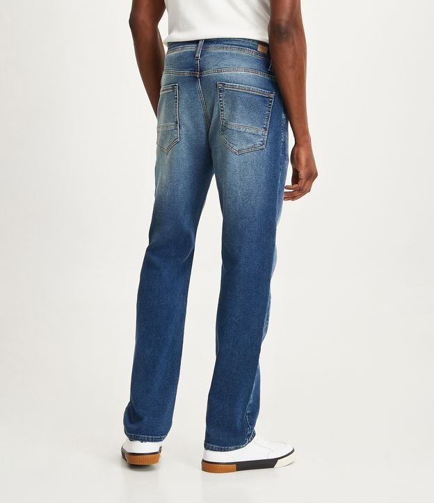 Calça Reta Jeans com Elastano e Pesponto Contrastante Azul Médio 3