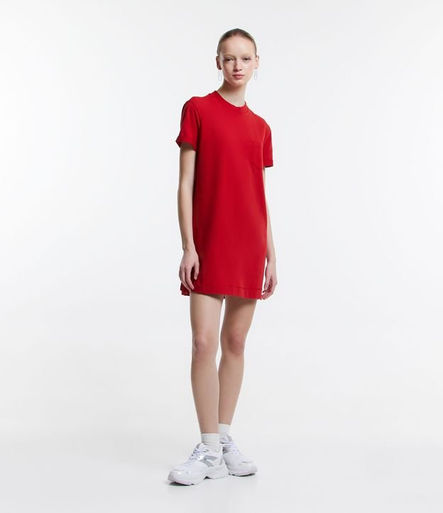 Vestido T-Shirt Básico em Meia Malha com Bolsinho Frontal Vermelho 2