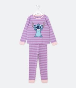 Pijama Longo Infantil Listrado com Estampa Stitch - Tam 5 a 14 Anos