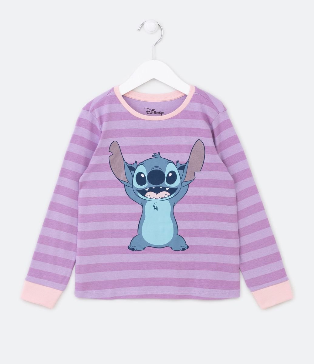 Pijama Longo Infantil com Estampa Stitch e Mangas Coloridas - Tam 4 a 14  Anos Branco Neve