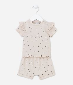 Conjunto Infantil Canelado com Estampa Poá com Babadinho - Tam 0 a 18 meses