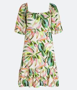 Vestido Manga Godê em Viscose com Folhagens Coloridas Estampadas