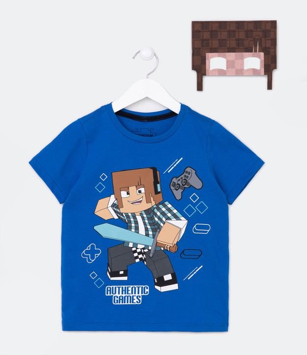 Camiseta Infantil com Estampa Authentic Games e Máscara Interativa- Tam 5 a 10 Anos - Cor: Azul - Tamanho: 9-10