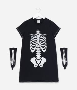 Vestido Infantil com Estampa de Esqueleto com Efeito Holográfico Acompanham Luvas - Tam 5 a 14 Anos