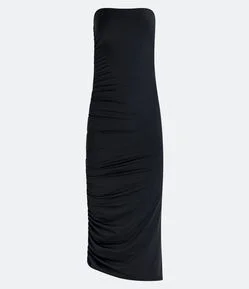 Vestido Midi em Meia Malha Tomara que Caia com Franzido na Lateral