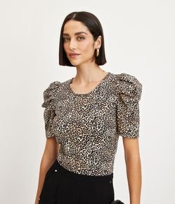 Blusa Manga Bufante em Algodão Texturizado com Estampa de Onça