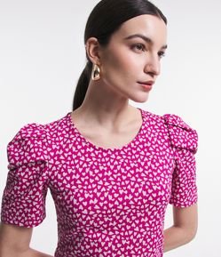 Blusa Manga Bufante em Algodão Texturizado com Corações Estampados