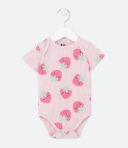 Body Infantil Canelado com Estampa de Moranguinhos - Tam 0 a 18 meses