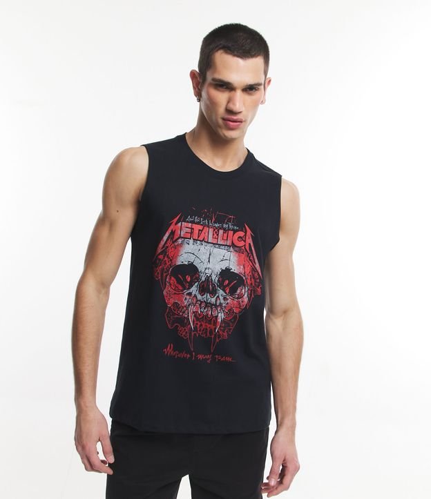 Regata Machão em Meia Malha com Estampa Caveira Metallica
