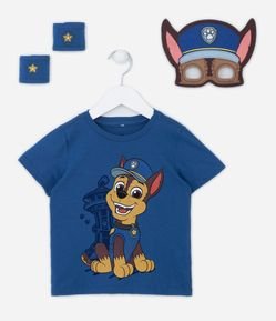 Camiseta Infantil Estampa Chase Patrulha Canina com Máscara Interativa - Tam 1 a 5 Anos
