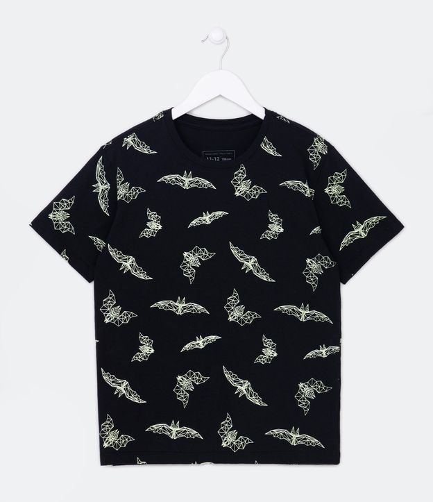 Camiseta Infantil com Estampa de Morceguinhos que Brilham no Escuro - Tam 5 a 12 Anos Preto 1