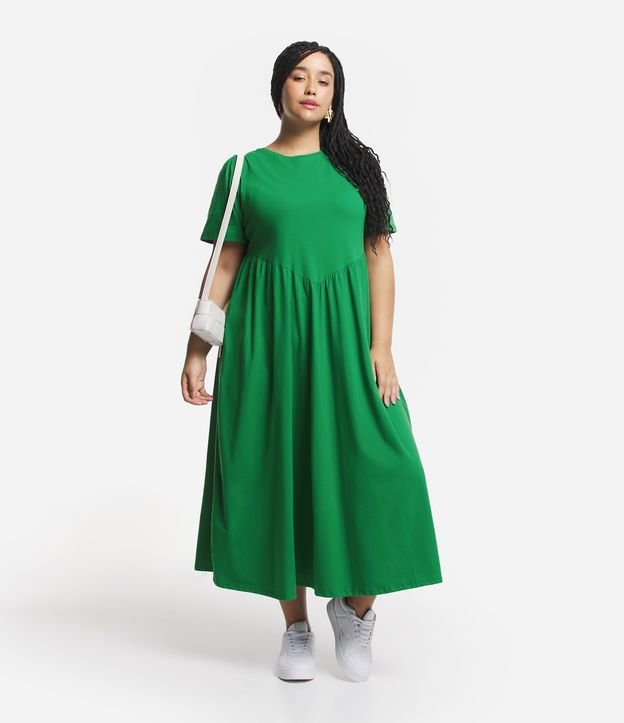Vestido Midi em Meia Malha com Maga Bufante Curve & Plus Size Verde Bandeira 1