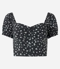 Blusa Cropped em Viscose Floral Liberty com Botões Frontais