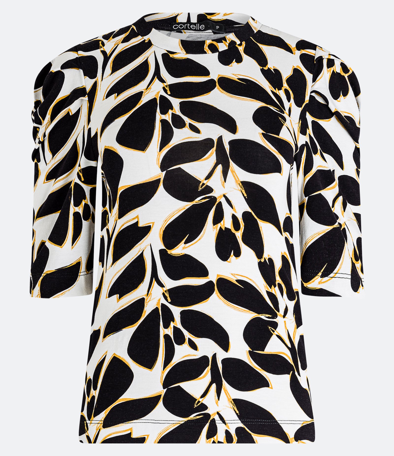 Blusa Manga Bufante em Viscolycra com Folhas Estampadas Preto/Off White/Amarelo 5