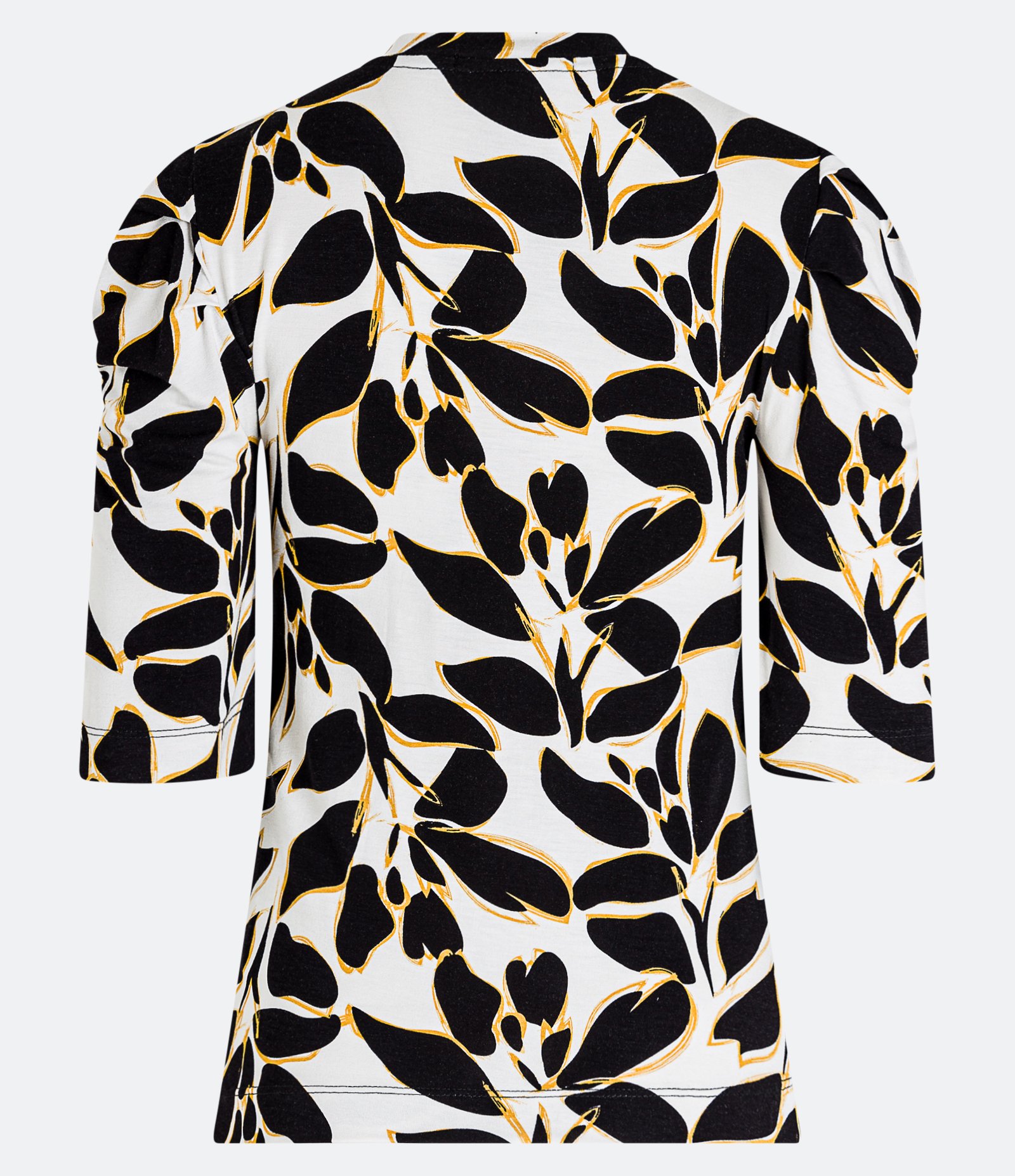 Blusa Manga Bufante em Viscolycra com Folhas Estampadas Preto/Off White/Amarelo 6