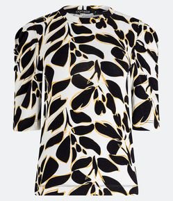 Blusa Manga Bufante em Viscolycra com Folhas Estampadas