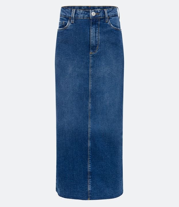 Saia Midi Reta em Jeans com Bolsos e Fenda Azul 5