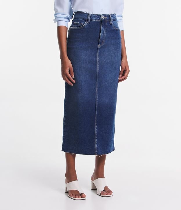 Saia Midi Reta em Jeans com Bolsos e Fenda Azul 2